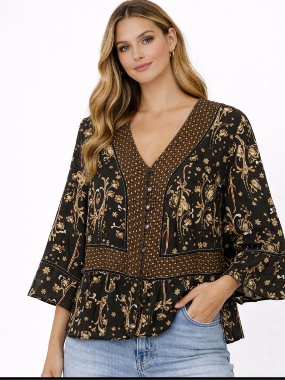 Emma James Floral Flowy Button Up V-Neck Peplum Blouse in Brown- Large